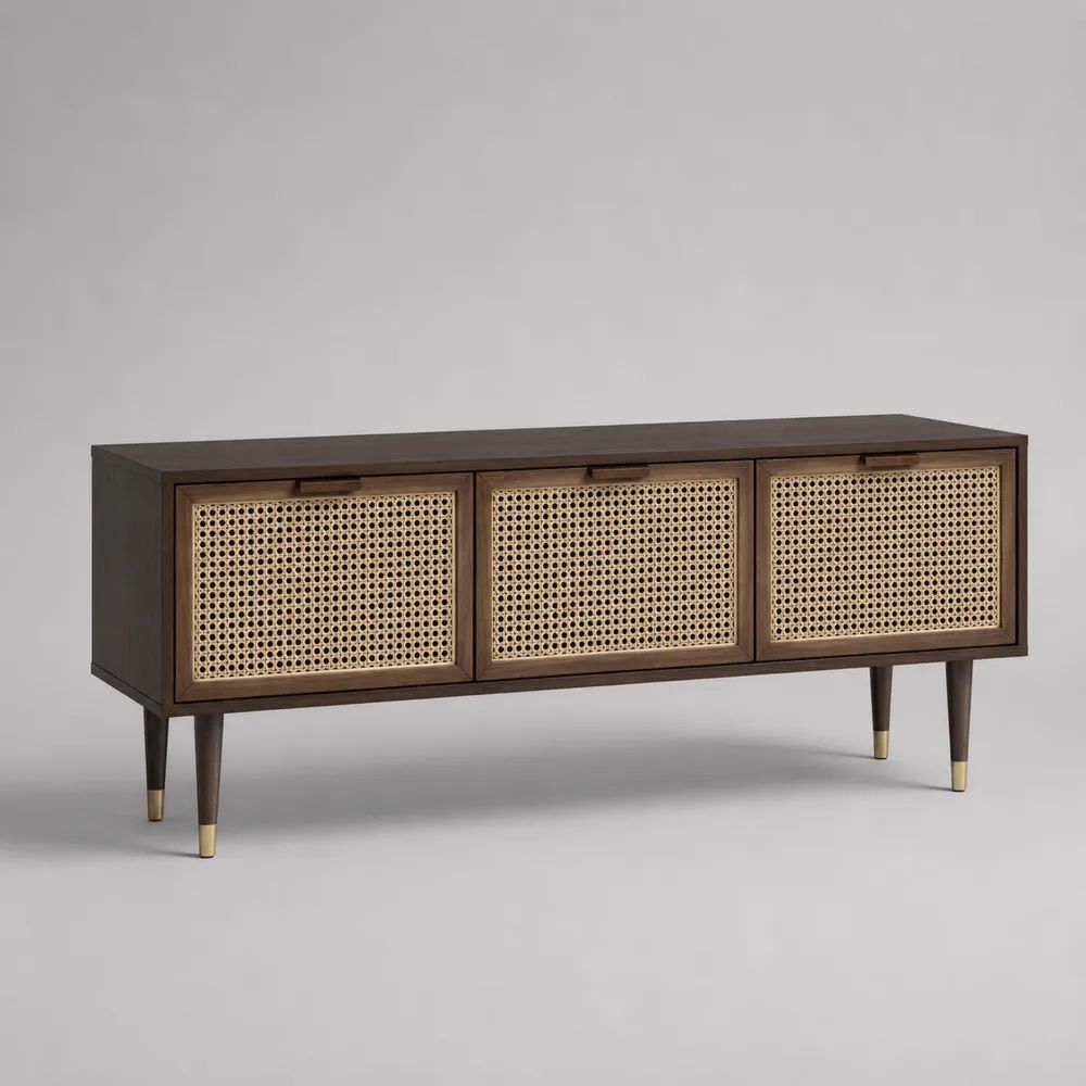 Mobile porta TV rettangolare a 3 ante in MDF impiallacciato noce e rattan naturale, marrone, 160 × 40 × 75 cm