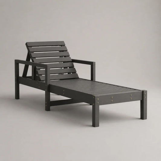 Lettino prendisole reclinabile da esterno con braccioli in legno massello di acacia, grigio antracite, 195 x 68 x 85 cm