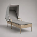 Lettino prendisole da esterno con tettuccio e schienale regolabile, rattan PE beige e cuscino grigio, 194 x 72 x 150 cm