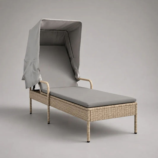 Lettino prendisole da esterno con tettuccio e schienale regolabile, rattan PE beige e cuscino grigio, 194 x 72 x 150 cm