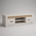 Mobile TV rettangolare in truciolare e MDF con 2 ante e ripiano, bianco e rovere naturale, 140 x 40 x 60 cm