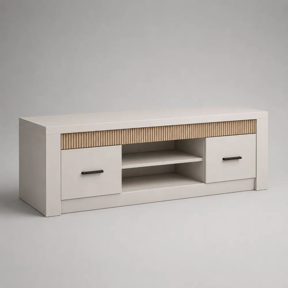 Mobile TV rettangolare in truciolare e MDF con 2 ante e ripiano, bianco e rovere naturale, 140 x 40 x 60 cm