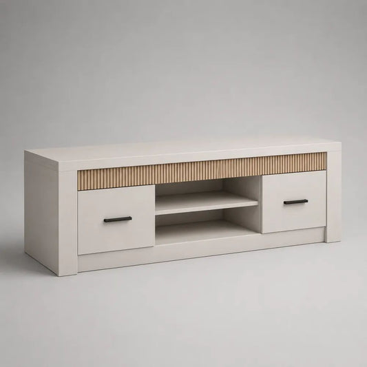 Mobile TV rettangolare in truciolare e MDF con 2 ante e ripiano, bianco e rovere naturale, 140 x 40 x 60 cm