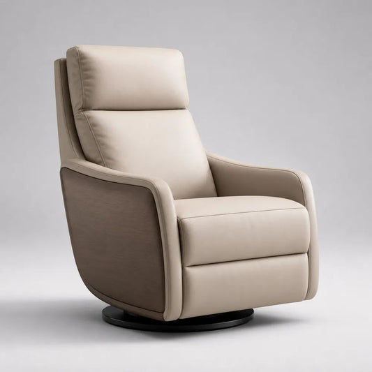 Poltrona reclinabile girevole in pelle sintetica PU beige con poggiapiedi e base rotonda, 78 x 88 x 108 cm
