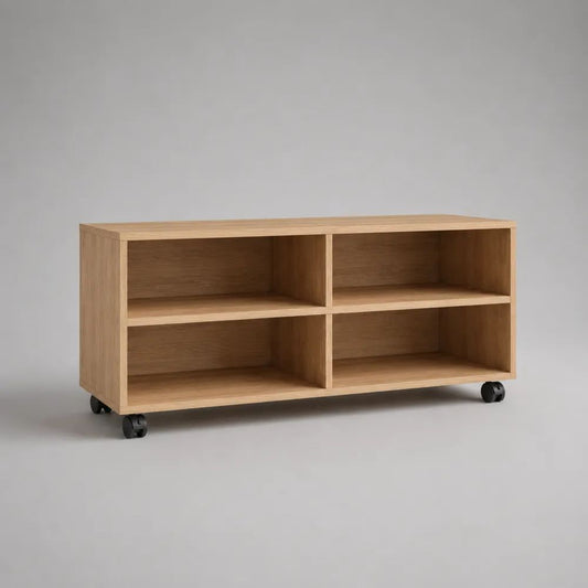 Mobile porta TV rettangolare in legno effetto rovere naturale con 4 vani aperti e ruote, 120 x 40 x 60 cm
